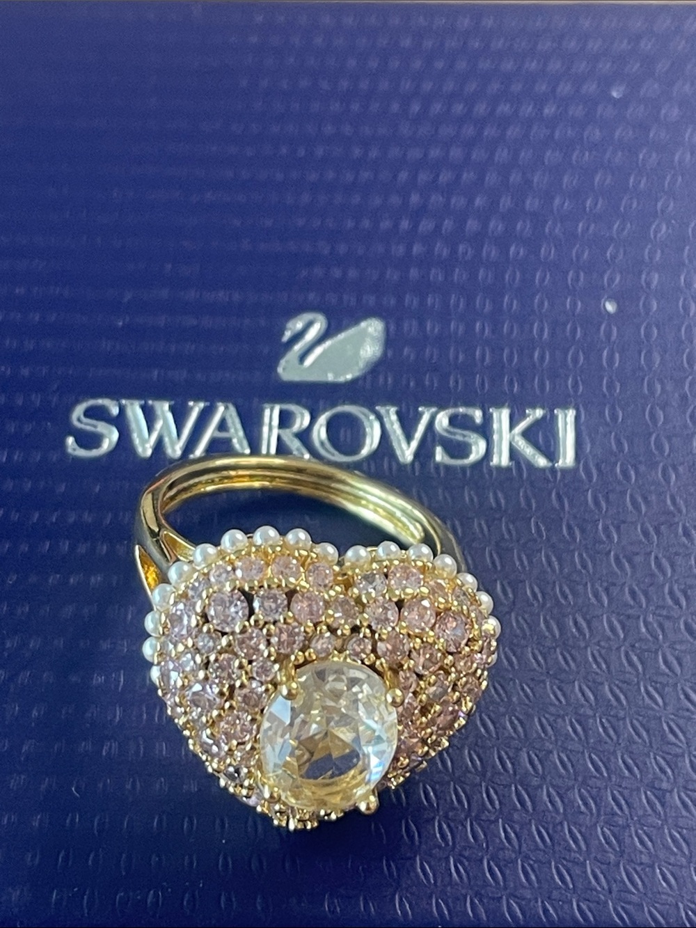 Swarovski Gold Heart Ring with Pink Crystals and Clear Center Stone